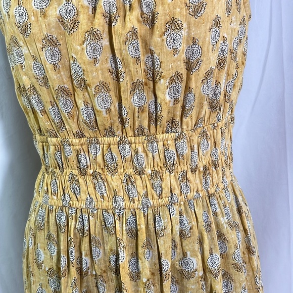 Maijin Yellow Metallic Gold Floral Print Sleeveless Smocked Waist Midi Dress - Picture 7 of 16